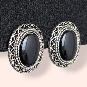 (2/$20) Black Stone Filigree Heart Earrings